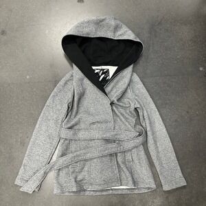Sebby Grey Tweed Hooded Wrap Jacket Belted Jersey Knit Coat Womens Small